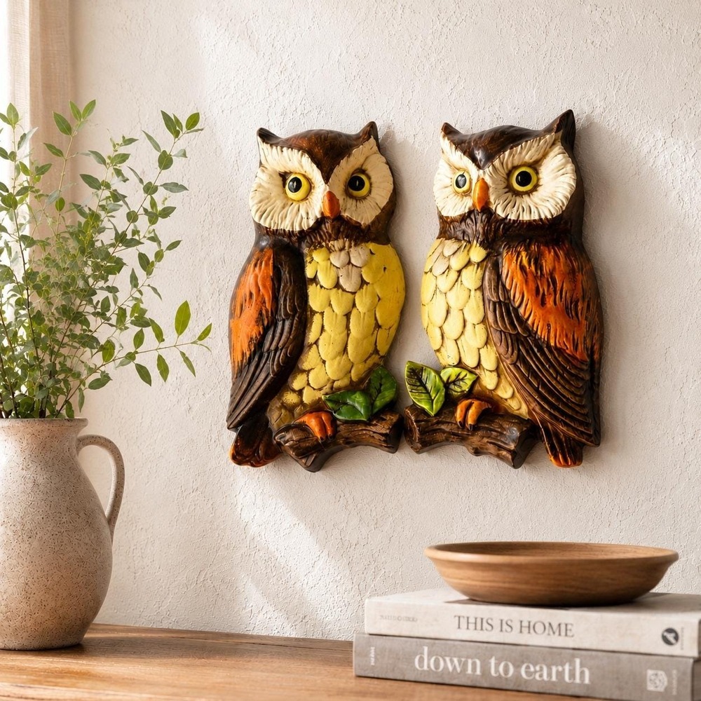 Lefton Owl Wall Plaques Pair - 1970s Made in Japan Ceramic Hanging Set #382